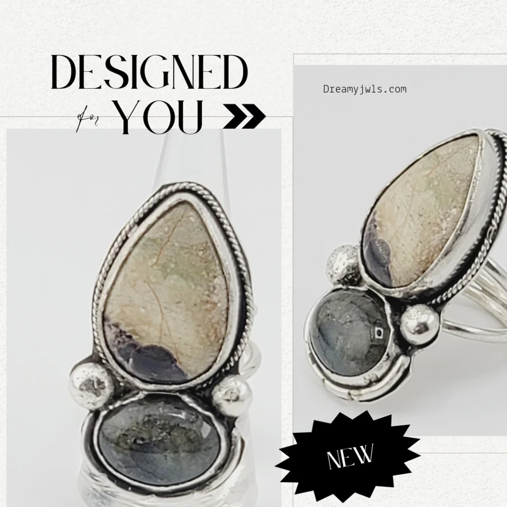 JASPER & LABRADORITE STATEMENT RING HANDMADE IN STERLING SILVER METAL SIZE 8.5